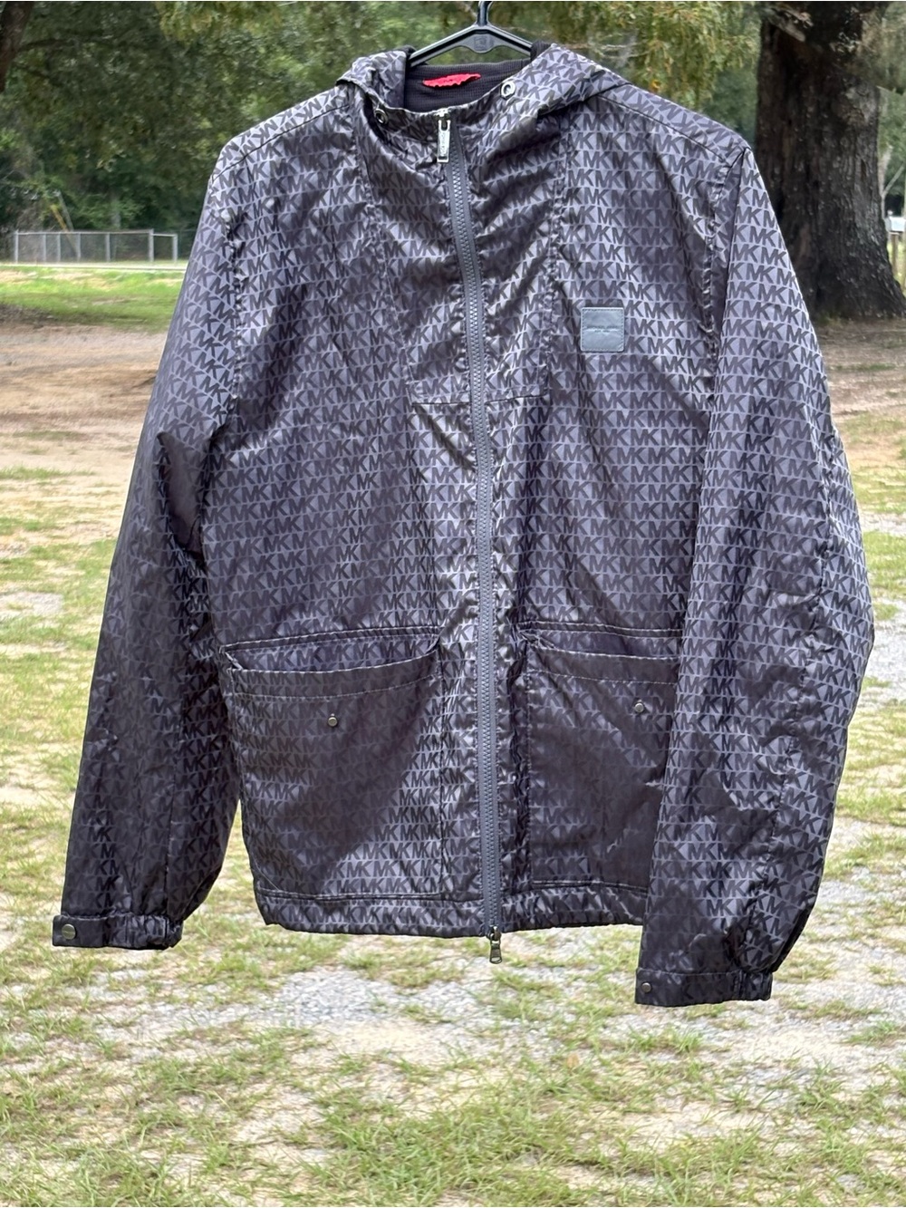 Michael Kors Men’s Charcoal MK Logo Windbreaker Hooded Jacket